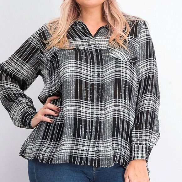 Style & Co Womens Shirt Top Plus 1X Black Sparkling Plaid Button-Up High-Low Hem - Picture 1 of 6